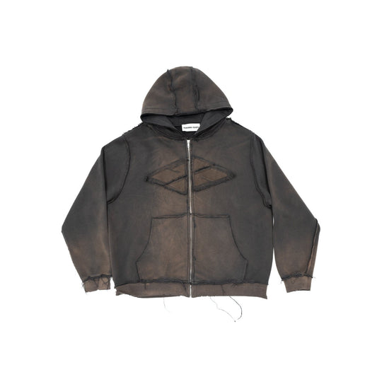 BROWN DESTROYED ZIP-UP HOODIE