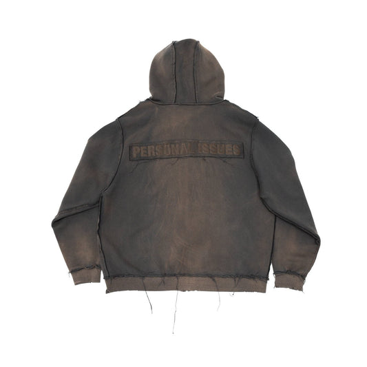 BROWN DESTROYED ZIP-UP HOODIE